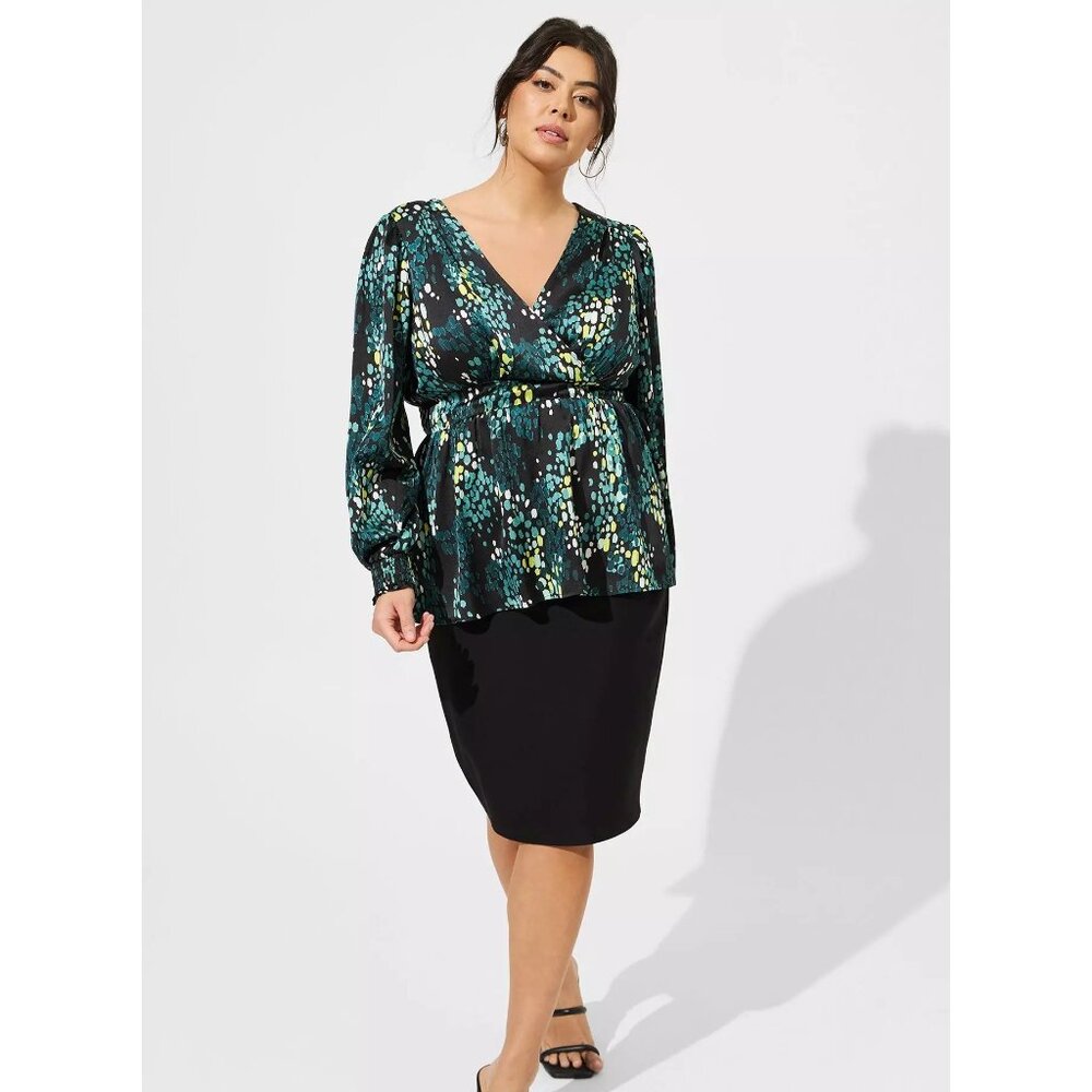 Torrid Satin Surplice Tie Cut Out Back Long Sleeve Teal Green Formal Blouse Top